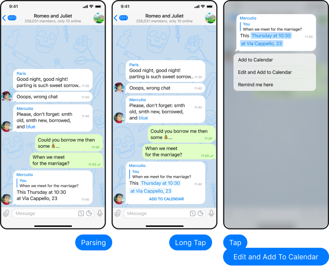 First 4 steps from initial message till parsing date time and dialog